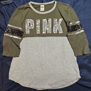 PINK Victoria's Secret Womens Olive and Gray Sequin Tee